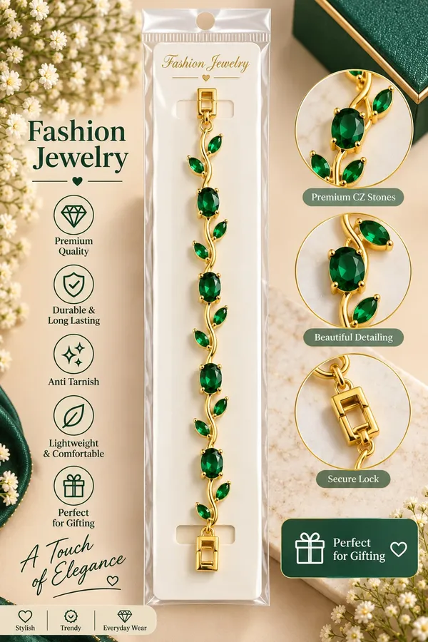 Elegant_Gold_Tone_Green_Emerald_Leaf_Vine_Bracelet_For_Women_With_Sparkling_Oval_Stones_Floral_Nature_Inspired_Design_Stylish_Fashion_Jewellery_For_Party_Wedding_Festive_And_Everyday_Wear