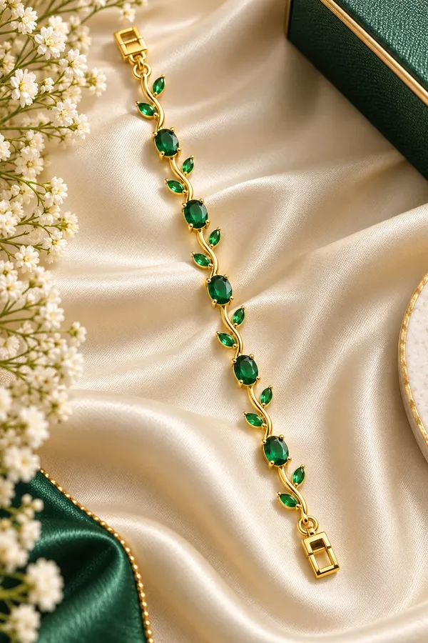 Elegant_Gold_Tone_Green_Emerald_Leaf_Vine_Bracelet_For_Women_With_Sparkling_Oval_Stones_Floral_Nature_Inspired_Design_Stylish_Fashion_Jewellery_For_Party_Wedding_Festive_And_Everyday_Wear