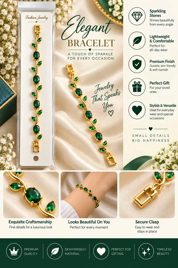 Elegant_Gold_Tone_Green_Emerald_Leaf_Vine_Bracelet_For_Women_With_Sparkling_Oval_Stones_Floral_Nature_Inspired_Design_Stylish_Fashion_Jewellery_For_Party_Wedding_Festive_And_Everyday_Wear
