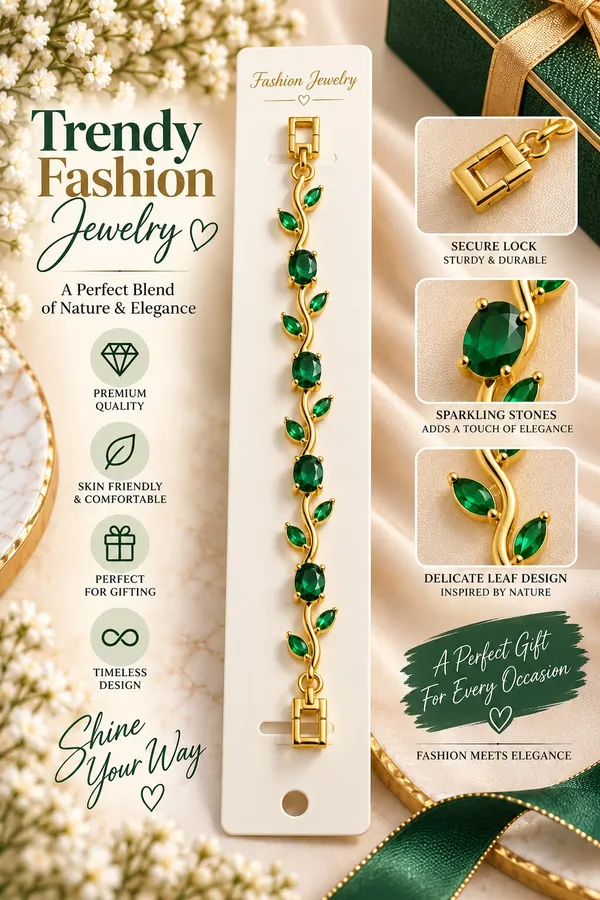 Elegant_Gold_Tone_Green_Emerald_Leaf_Vine_Bracelet_For_Women_With_Sparkling_Oval_Stones_Floral_Nature_Inspired_Design_Stylish_Fashion_Jewellery_For_Party_Wedding_Festive_And_Everyday_Wear