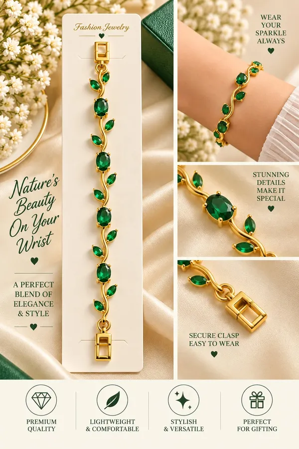 Elegant_Gold_Tone_Green_Emerald_Leaf_Vine_Bracelet_For_Women_With_Sparkling_Oval_Stones_Floral_Nature_Inspired_Design_Stylish_Fashion_Jewellery_For_Party_Wedding_Festive_And_Everyday_Wear