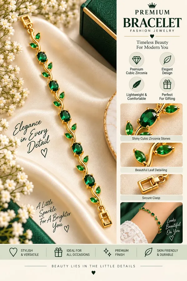 Elegant_Gold_Tone_Green_Emerald_Leaf_Vine_Bracelet_For_Women_With_Sparkling_Oval_Stones_Floral_Nature_Inspired_Design_Stylish_Fashion_Jewellery_For_Party_Wedding_Festive_And_Everyday_Wear