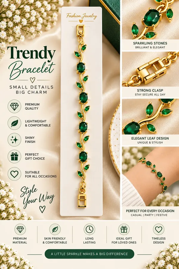 Elegant_Gold_Tone_Green_Emerald_Leaf_Vine_Bracelet_For_Women_With_Sparkling_Oval_Stones_Floral_Nature_Inspired_Design_Stylish_Fashion_Jewellery_For_Party_Wedding_Festive_And_Everyday_Wear