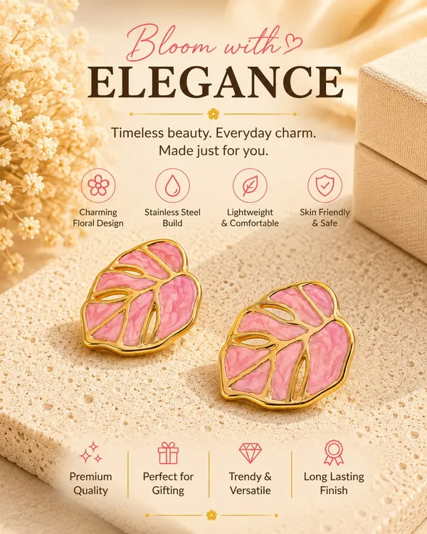 Elegant_Pink_Leaf_Stud_Earrings_For_Women_Gold_Tone_Botanical_Leaf_Design_Stainless_Steel_Fashion_Jewellery_Stylish_Statement_Earrings_For_Girls_Party_Wear_Festive_Wedding_And_Everyday_Accessories