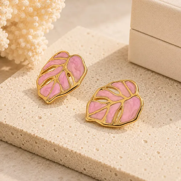 Elegant_Pink_Leaf_Stud_Earrings_For_Women_Gold_Tone_Botanical_Leaf_Design_Stainless_Steel_Fashion_Jewellery_Stylish_Statement_Earrings_For_Girls_Party_Wear_Festive_Wedding_And_Everyday_Accessories