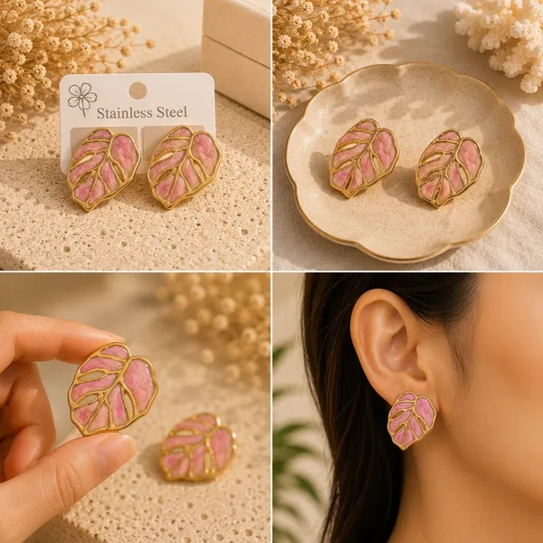Elegant_Pink_Leaf_Stud_Earrings_For_Women_Gold_Tone_Botanical_Leaf_Design_Stainless_Steel_Fashion_Jewellery_Stylish_Statement_Earrings_For_Girls_Party_Wear_Festive_Wedding_And_Everyday_Accessories