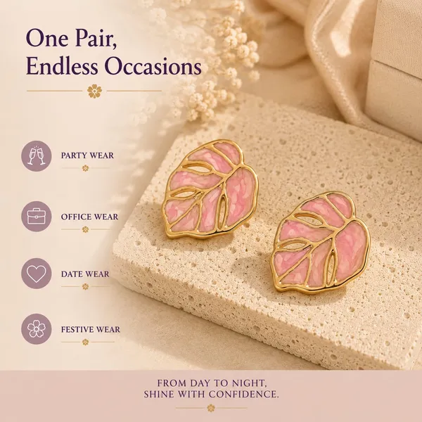 Elegant_Pink_Leaf_Stud_Earrings_For_Women_Gold_Tone_Botanical_Leaf_Design_Stainless_Steel_Fashion_Jewellery_Stylish_Statement_Earrings_For_Girls_Party_Wear_Festive_Wedding_And_Everyday_Accessories