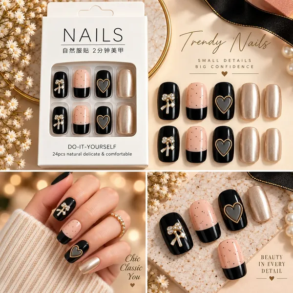 24_Pcs_Black_Pink_Press_On_Nails_For_Women_Glossy_Artificial_Nails_With_Bow_Heart_And_Metallic_Pearl_Designs_Elegant_French_Style_Diy_Manicure_Set_For_Party_Wedding_And_Everyday_Wear