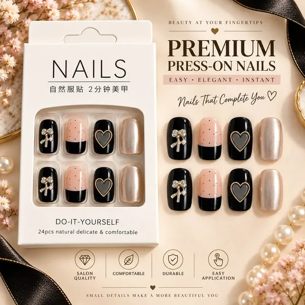 24_Pcs_Black_Pink_Press_On_Nails_For_Women_Glossy_Artificial_Nails_With_Bow_Heart_And_Metallic_Pearl_Designs_Elegant_French_Style_Diy_Manicure_Set_For_Party_Wedding_And_Everyday_Wear