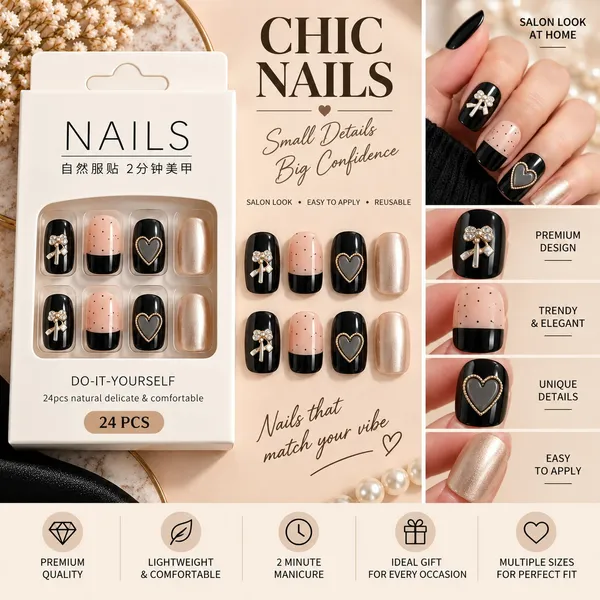 24_Pcs_Black_Pink_Press_On_Nails_For_Women_Glossy_Artificial_Nails_With_Bow_Heart_And_Metallic_Pearl_Designs_Elegant_French_Style_Diy_Manicure_Set_For_Party_Wedding_And_Everyday_Wear