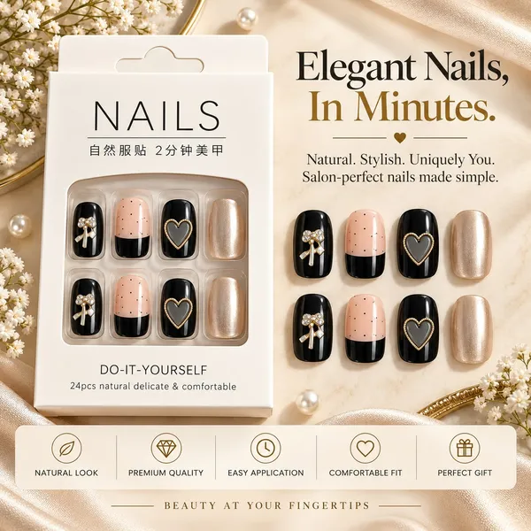 24_Pcs_Black_Pink_Press_On_Nails_For_Women_Glossy_Artificial_Nails_With_Bow_Heart_And_Metallic_Pearl_Designs_Elegant_French_Style_Diy_Manicure_Set_For_Party_Wedding_And_Everyday_Wear