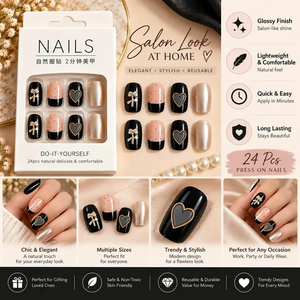 24_Pcs_Black_Pink_Press_On_Nails_For_Women_Glossy_Artificial_Nails_With_Bow_Heart_And_Metallic_Pearl_Designs_Elegant_French_Style_Diy_Manicure_Set_For_Party_Wedding_And_Everyday_Wear