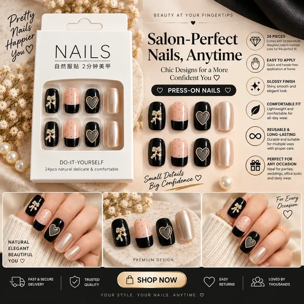 24_Pcs_Black_Pink_Press_On_Nails_For_Women_Glossy_Artificial_Nails_With_Bow_Heart_And_Metallic_Pearl_Designs_Elegant_French_Style_Diy_Manicure_Set_For_Party_Wedding_And_Everyday_Wear