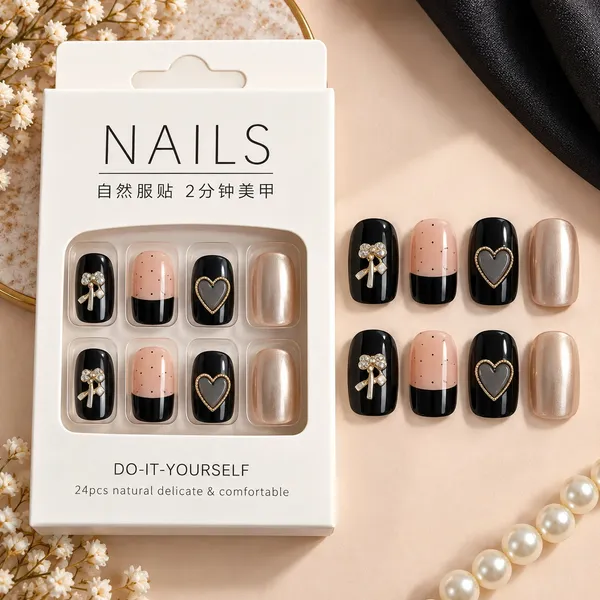 24_Pcs_Black_Pink_Press_On_Nails_For_Women_Glossy_Artificial_Nails_With_Bow_Heart_And_Metallic_Pearl_Designs_Elegant_French_Style_Diy_Manicure_Set_For_Party_Wedding_And_Everyday_Wear