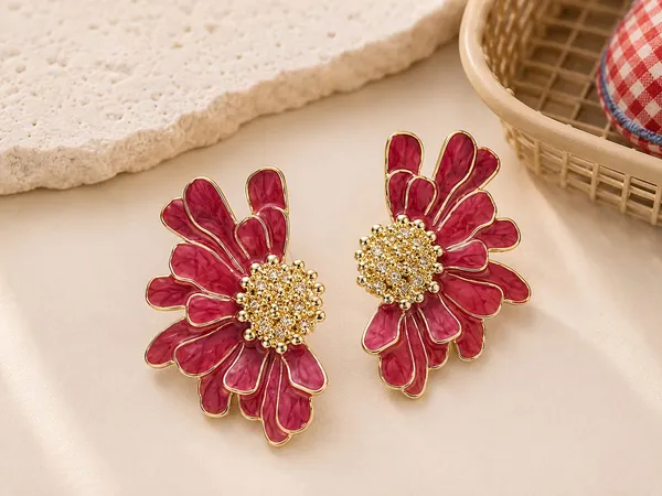 Elegant_Maroon_Floral_Statement_Stud_Earrings_For_Women_And_Girls_Gold_Tone_Layered_Flower_Earrings_With_Intricate_Beaded_Center_And_Rich_Maroon_Enamel_Finish_Stylish_Jewellery_For_Party_Wedding_Festive_And_Everyday_Wear