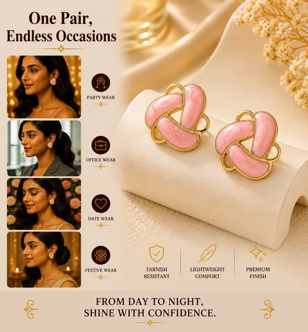 Elegant_Pink_Enamel_Floral_Stud_Earrings_For_Women_Gold_Tone_Geometric_Flower_Design_Earrings_Trendy_Fashion_Jewellery_For_Party_Office_Festive_And_Everyday_Wear