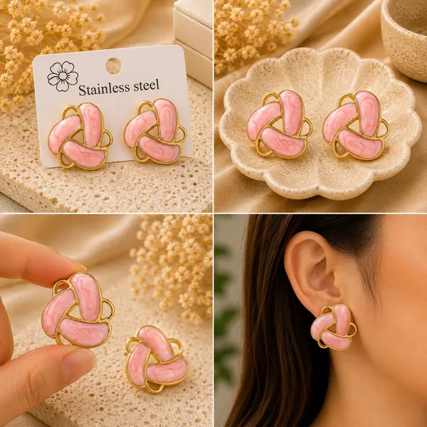 Elegant_Pink_Enamel_Floral_Stud_Earrings_For_Women_Gold_Tone_Geometric_Flower_Design_Earrings_Trendy_Fashion_Jewellery_For_Party_Office_Festive_And_Everyday_Wear