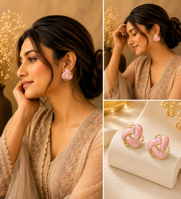 Elegant_Pink_Enamel_Floral_Stud_Earrings_For_Women_Gold_Tone_Geometric_Flower_Design_Earrings_Trendy_Fashion_Jewellery_For_Party_Office_Festive_And_Everyday_Wear