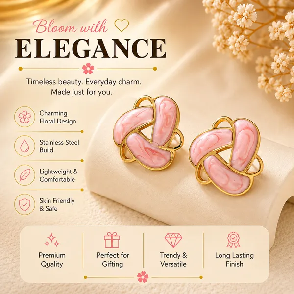Elegant_Pink_Enamel_Floral_Stud_Earrings_For_Women_Gold_Tone_Geometric_Flower_Design_Earrings_Trendy_Fashion_Jewellery_For_Party_Office_Festive_And_Everyday_Wear
