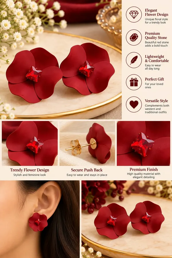 Elegant_Red_Flower_Stud_Earrings_For_Women_With_Red_Crystal_Center_Statement_Floral_Fashion_Jewellery_For_Party_Festive_And_Special_Occasions