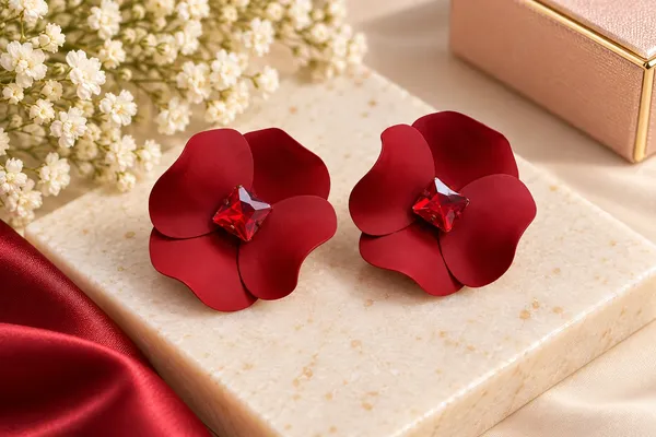 Elegant_Red_Flower_Stud_Earrings_For_Women_With_Red_Crystal_Center_Statement_Floral_Fashion_Jewellery_For_Party_Festive_And_Special_Occasions