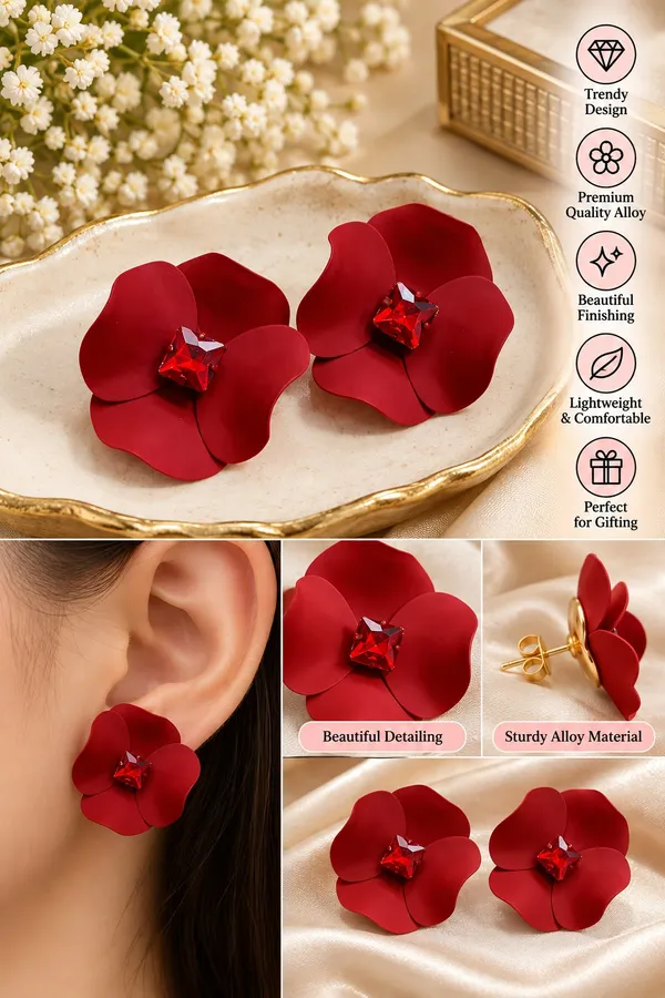 Elegant_Red_Flower_Stud_Earrings_For_Women_With_Red_Crystal_Center_Statement_Floral_Fashion_Jewellery_For_Party_Festive_And_Special_Occasions