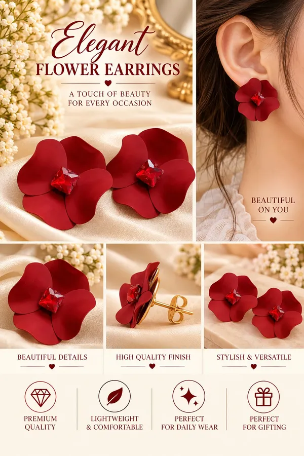 Elegant_Red_Flower_Stud_Earrings_For_Women_With_Red_Crystal_Center_Statement_Floral_Fashion_Jewellery_For_Party_Festive_And_Special_Occasions