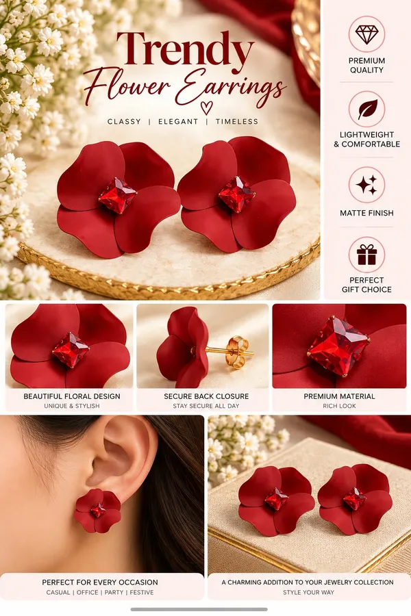 Elegant_Red_Flower_Stud_Earrings_For_Women_With_Red_Crystal_Center_Statement_Floral_Fashion_Jewellery_For_Party_Festive_And_Special_Occasions