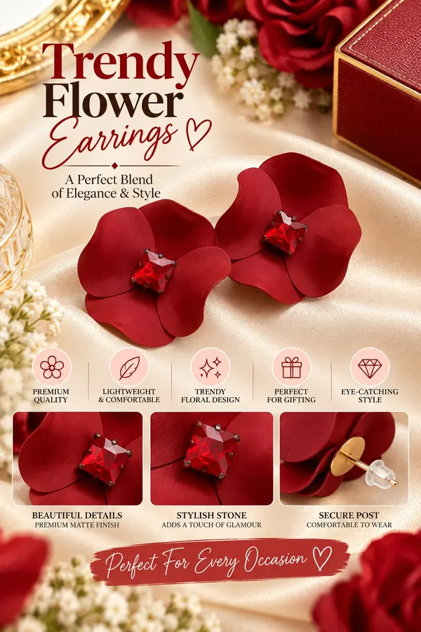 Elegant_Red_Flower_Stud_Earrings_For_Women_With_Red_Crystal_Center_Statement_Floral_Fashion_Jewellery_For_Party_Festive_And_Special_Occasions