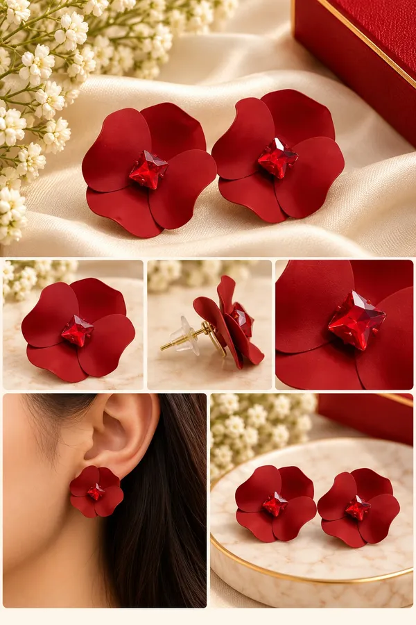 Elegant_Red_Flower_Stud_Earrings_For_Women_With_Red_Crystal_Center_Statement_Floral_Fashion_Jewellery_For_Party_Festive_And_Special_Occasions