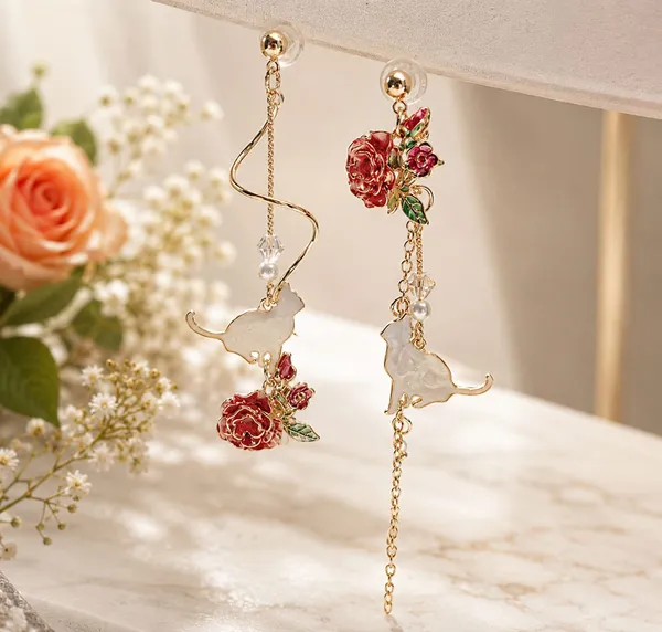 Elegant_Rose_Floral_Asymmetrical_Long_Drop_Earrings_For_Women_Gold_Tone_Pearl_Beaded_Statement_Jewellery_For_Party_Wedding_Festive_And_Romantic_Looks