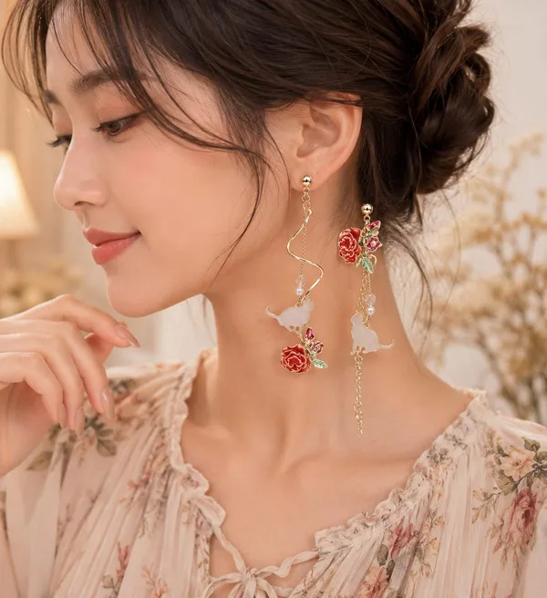 Elegant_Rose_Floral_Asymmetrical_Long_Drop_Earrings_For_Women_Gold_Tone_Pearl_Beaded_Statement_Jewellery_For_Party_Wedding_Festive_And_Romantic_Looks