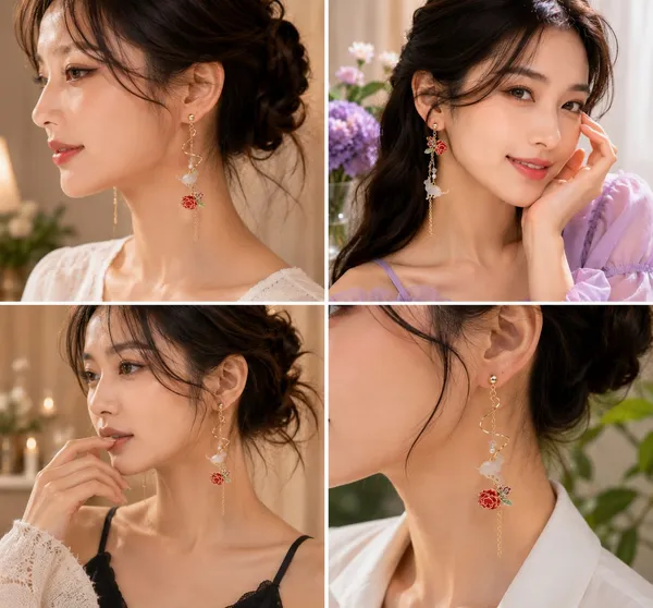 Elegant_Rose_Floral_Asymmetrical_Long_Drop_Earrings_For_Women_Gold_Tone_Pearl_Beaded_Statement_Jewellery_For_Party_Wedding_Festive_And_Romantic_Looks