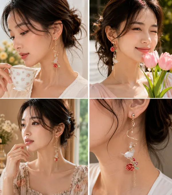 Elegant_Rose_Floral_Asymmetrical_Long_Drop_Earrings_For_Women_Gold_Tone_Pearl_Beaded_Statement_Jewellery_For_Party_Wedding_Festive_And_Romantic_Looks