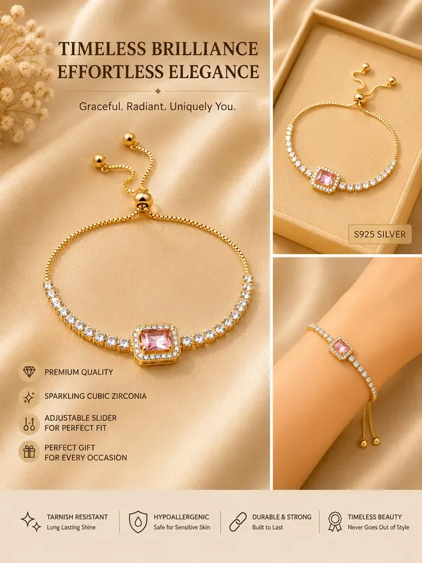 Elegant_Gold_Tone_Pink_Crystal_Tennis_Bracelet_For_Women_With_Adjustable_Bolo_Chain_Sparkling_Round_Cubic_Zirconia_Style_Stones_And_Central_Cushion_Cut_Pink_Gemstone_Stylish_Party_Wear_Fashion_Jewellery