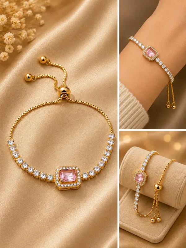 Elegant_Gold_Tone_Pink_Crystal_Tennis_Bracelet_For_Women_With_Adjustable_Bolo_Chain_Sparkling_Round_Cubic_Zirconia_Style_Stones_And_Central_Cushion_Cut_Pink_Gemstone_Stylish_Party_Wear_Fashion_Jewellery