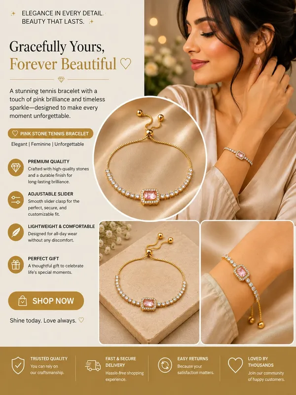 Elegant_Gold_Tone_Pink_Crystal_Tennis_Bracelet_For_Women_With_Adjustable_Bolo_Chain_Sparkling_Round_Cubic_Zirconia_Style_Stones_And_Central_Cushion_Cut_Pink_Gemstone_Stylish_Party_Wear_Fashion_Jewellery