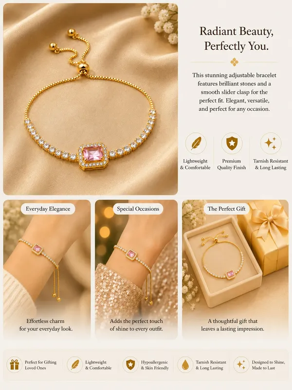 Elegant_Gold_Tone_Pink_Crystal_Tennis_Bracelet_For_Women_With_Adjustable_Bolo_Chain_Sparkling_Round_Cubic_Zirconia_Style_Stones_And_Central_Cushion_Cut_Pink_Gemstone_Stylish_Party_Wear_Fashion_Jewellery