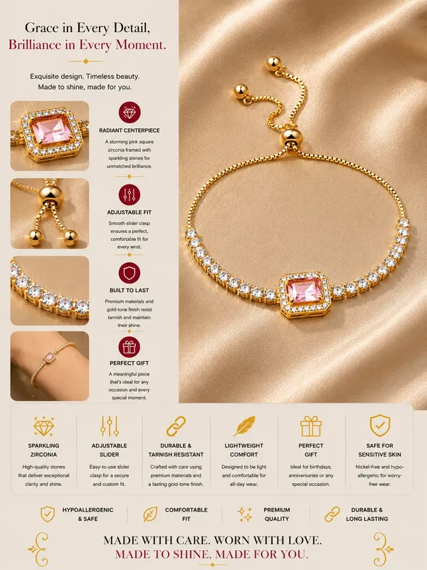 Elegant_Gold_Tone_Pink_Crystal_Tennis_Bracelet_For_Women_With_Adjustable_Bolo_Chain_Sparkling_Round_Cubic_Zirconia_Style_Stones_And_Central_Cushion_Cut_Pink_Gemstone_Stylish_Party_Wear_Fashion_Jewellery