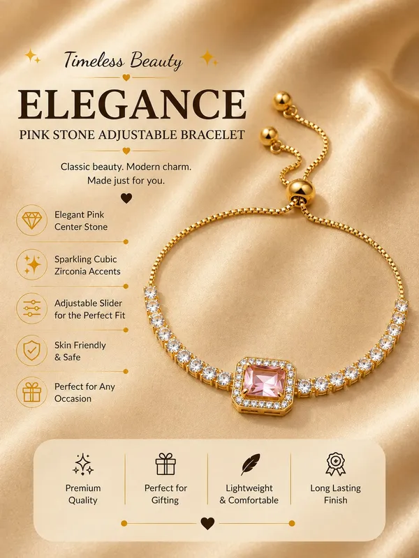 Elegant_Gold_Tone_Pink_Crystal_Tennis_Bracelet_For_Women_With_Adjustable_Bolo_Chain_Sparkling_Round_Cubic_Zirconia_Style_Stones_And_Central_Cushion_Cut_Pink_Gemstone_Stylish_Party_Wear_Fashion_Jewellery