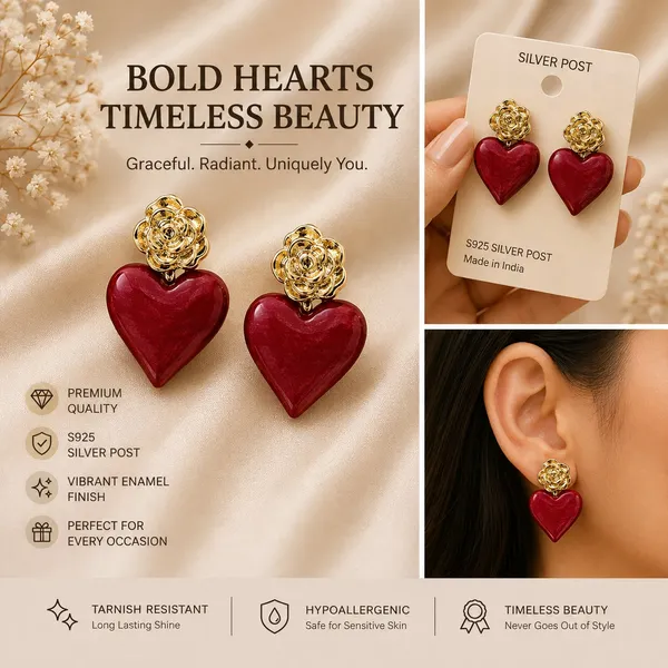 Elegant_Red_Heart_Drop_Earrings_For_Women_Glossy_Heart_Shaped_Design_With_Detailed_Golden_Rose_Studs_Romantic_Trendy_Fashion_Jewellery_For_Party_Date_Night_Festive_And_Special_Occasion_Wear
