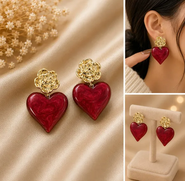 Elegant_Red_Heart_Drop_Earrings_For_Women_Glossy_Heart_Shaped_Design_With_Detailed_Golden_Rose_Studs_Romantic_Trendy_Fashion_Jewellery_For_Party_Date_Night_Festive_And_Special_Occasion_Wear
