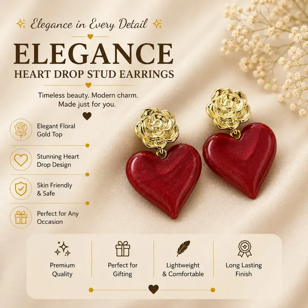 Elegant_Red_Heart_Drop_Earrings_For_Women_Glossy_Heart_Shaped_Design_With_Detailed_Golden_Rose_Studs_Romantic_Trendy_Fashion_Jewellery_For_Party_Date_Night_Festive_And_Special_Occasion_Wear