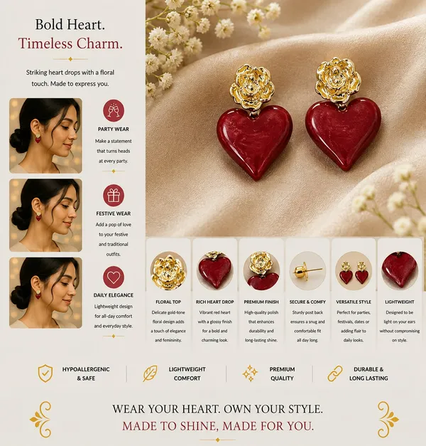 Elegant_Red_Heart_Drop_Earrings_For_Women_Glossy_Heart_Shaped_Design_With_Detailed_Golden_Rose_Studs_Romantic_Trendy_Fashion_Jewellery_For_Party_Date_Night_Festive_And_Special_Occasion_Wear