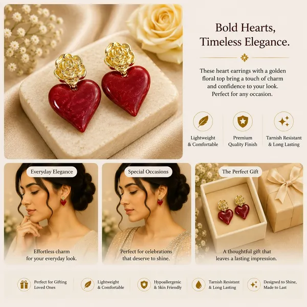 Elegant_Red_Heart_Drop_Earrings_For_Women_Glossy_Heart_Shaped_Design_With_Detailed_Golden_Rose_Studs_Romantic_Trendy_Fashion_Jewellery_For_Party_Date_Night_Festive_And_Special_Occasion_Wear