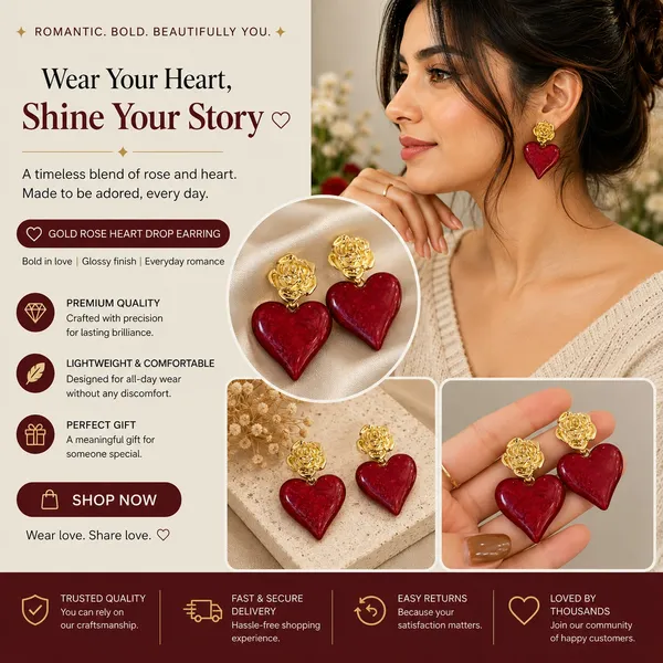 Elegant_Red_Heart_Drop_Earrings_For_Women_Glossy_Heart_Shaped_Design_With_Detailed_Golden_Rose_Studs_Romantic_Trendy_Fashion_Jewellery_For_Party_Date_Night_Festive_And_Special_Occasion_Wear