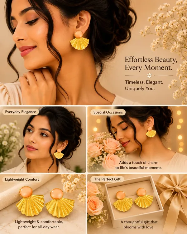 Gold_Tone_Shell_Fan_Earrings_With_Peach_Cat_Eye_Stone_For_Women_Elegant_Statement_Stud_Earrings_Trendy_Fashion_Jewellery_For_Party_Festive_And_Casual_Wear