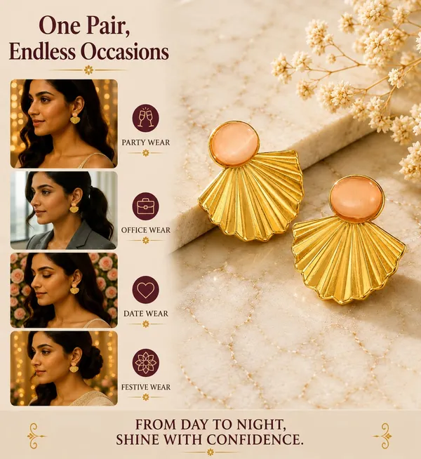 Gold_Tone_Shell_Fan_Earrings_With_Peach_Cat_Eye_Stone_For_Women_Elegant_Statement_Stud_Earrings_Trendy_Fashion_Jewellery_For_Party_Festive_And_Casual_Wear