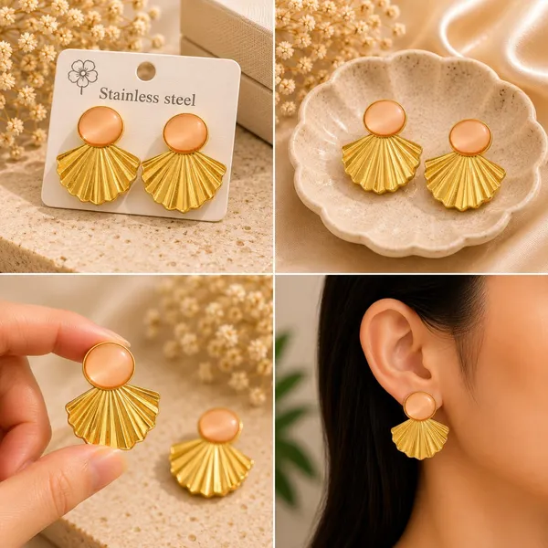 Gold_Tone_Shell_Fan_Earrings_With_Peach_Cat_Eye_Stone_For_Women_Elegant_Statement_Stud_Earrings_Trendy_Fashion_Jewellery_For_Party_Festive_And_Casual_Wear