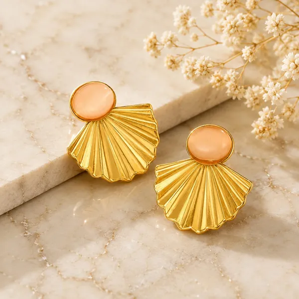 Gold_Tone_Shell_Fan_Earrings_With_Peach_Cat_Eye_Stone_For_Women_Elegant_Statement_Stud_Earrings_Trendy_Fashion_Jewellery_For_Party_Festive_And_Casual_Wear